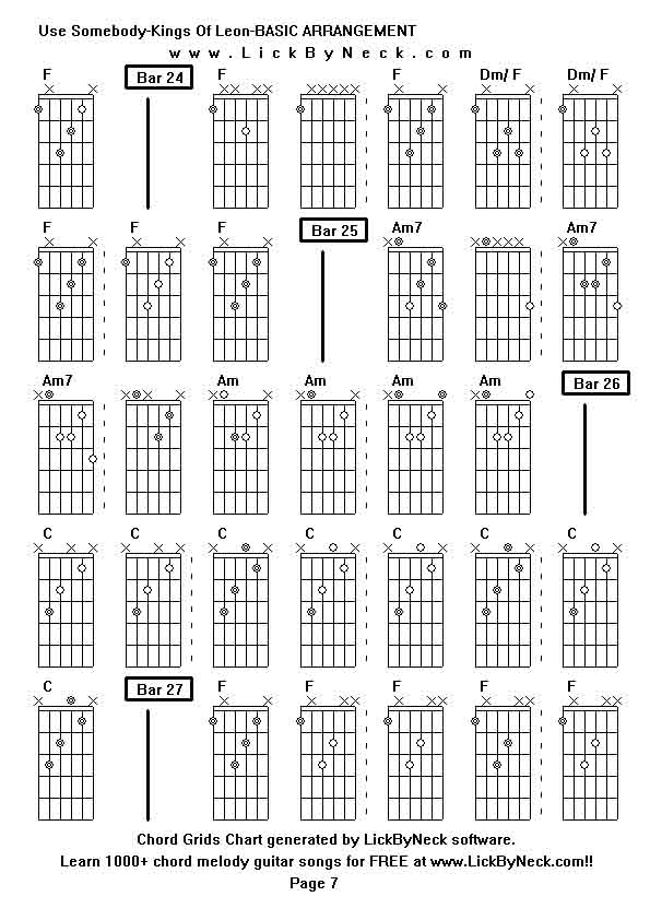 Chord Grids Chart of chord melody fingerstyle guitar song-Use Somebody-Kings Of Leon-BASIC ARRANGEMENT,generated by LickByNeck software.